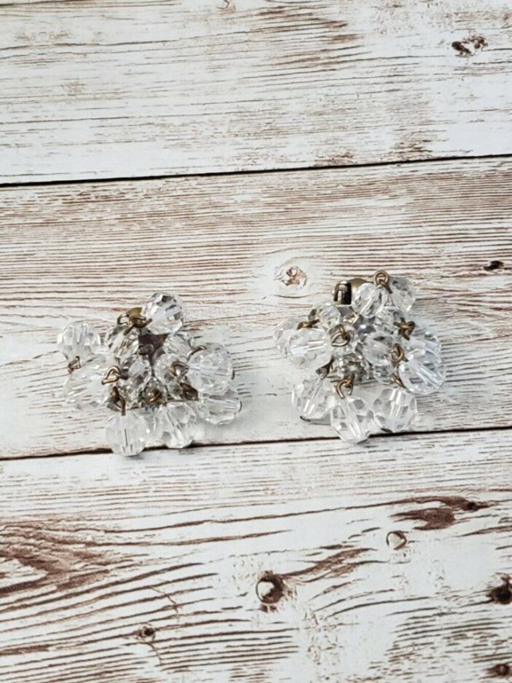 Vintage Clip On Earrings Clear Bead Cluster Dangle